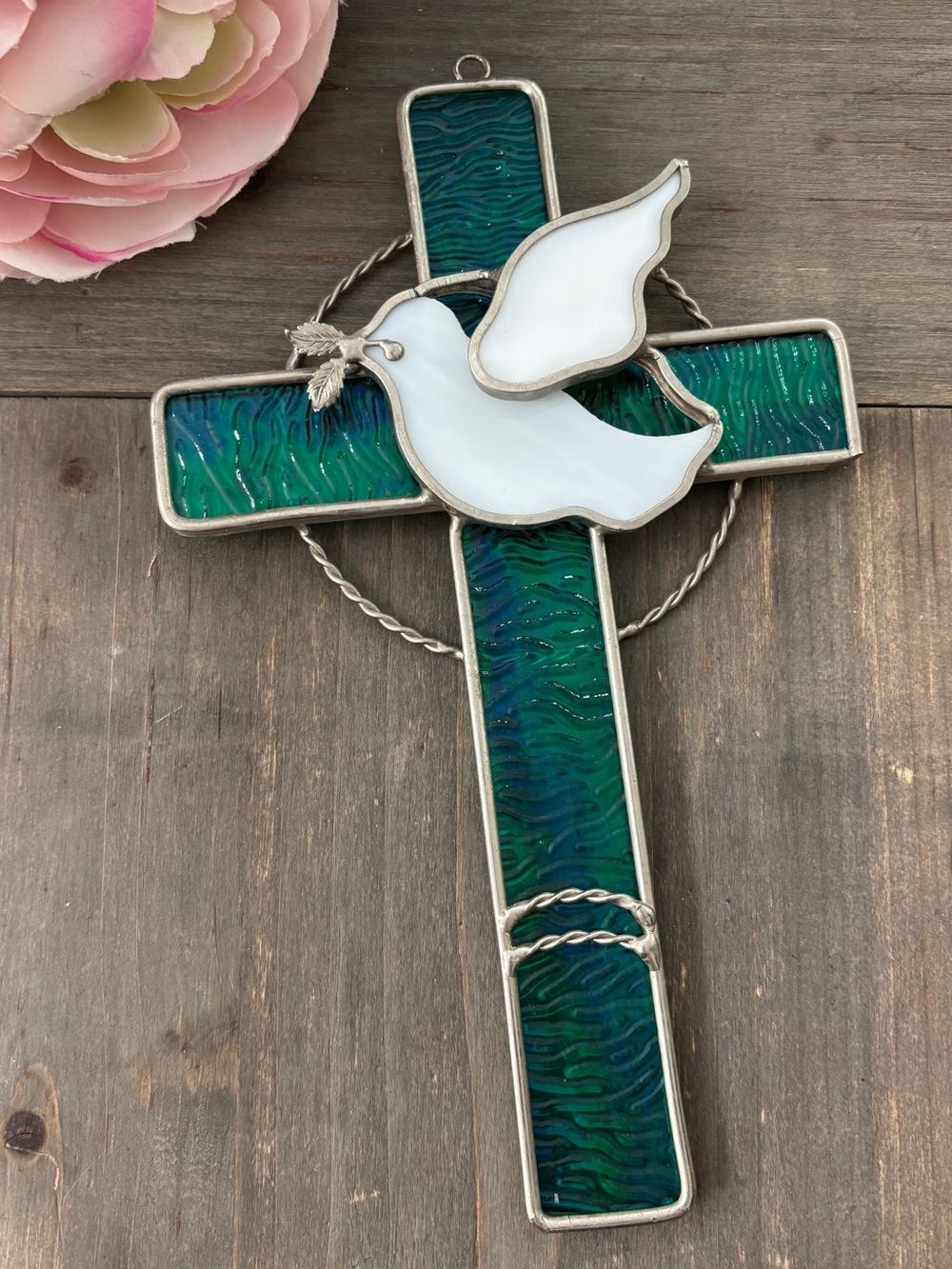 Peace Dove Cross Stained Glass Suncatcher Teal